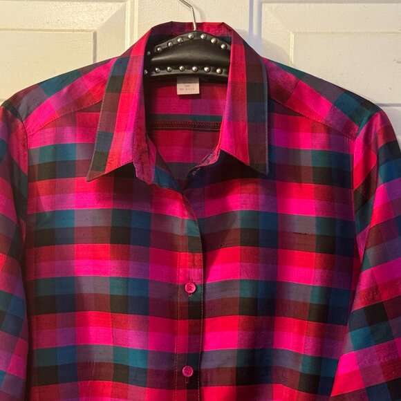 VTG Cactus Flower Sz L Womens Silk Blouse Shirt 3/4 Sleeve Pink/Teal/Black Check - Picture 2 of 9